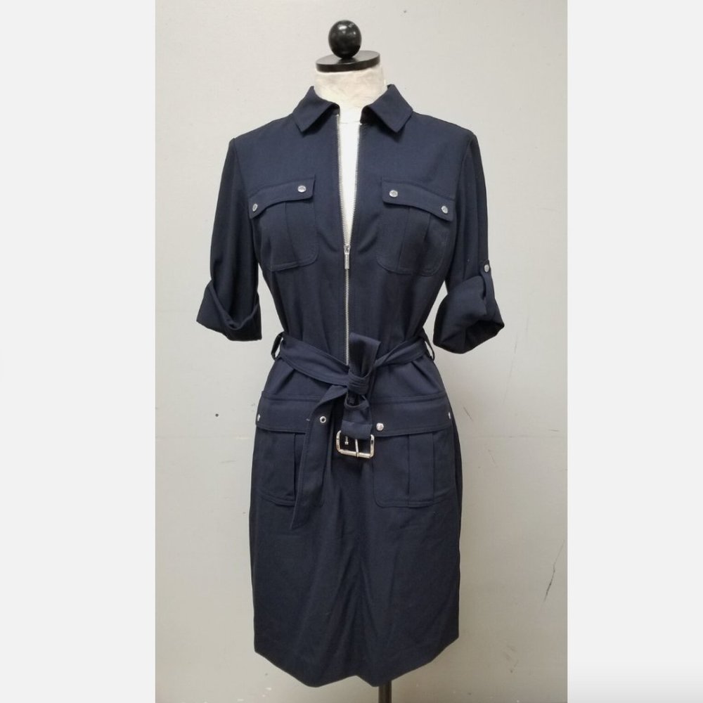 MICHAEL KORS Navy Blue Belted Zip-Front Shirtdress Size M